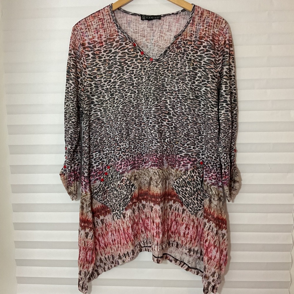 Carine Women XL Leopard Print Tunic‎ Top 3/4 Roll Tab Sleeve V-Neck Pink Brown